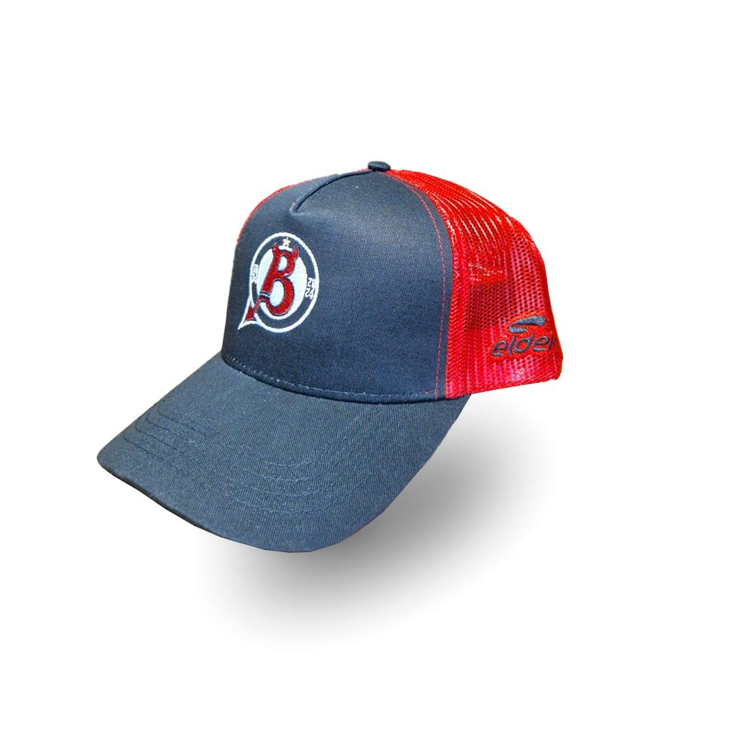 Casquette trucker bleu marine à filet rouge, logo brodé des Diables Rouges de Briançon sur le devant