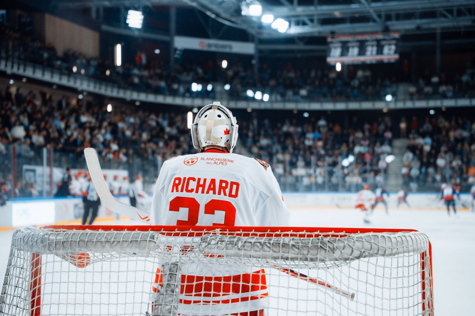 Samuel Richard, gardien n° 33 des Diables Rouges en maillot blanc, vu de dos devant sa cage, face à la glace et aux tribunes pleines